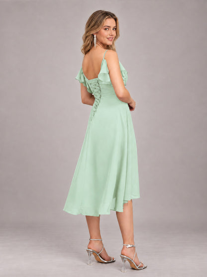 Mint Green Beautiful Ruffles High Low Knee Length Chiffon Bridesmaid Dress