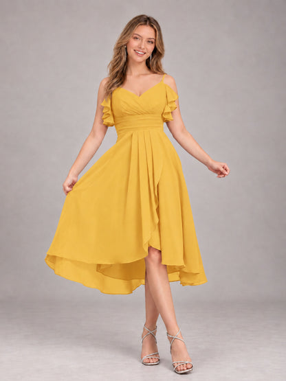 Mustard Yellow Beautiful Ruffles High Low Knee Length Chiffon Bridesmaid Dress