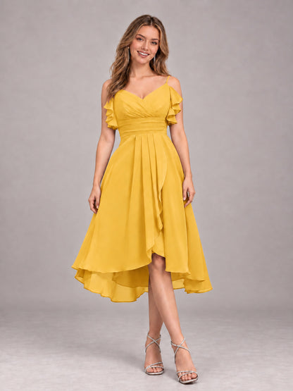 Mustard Yellow Beautiful Ruffles High Low Knee Length Chiffon Bridesmaid Dress