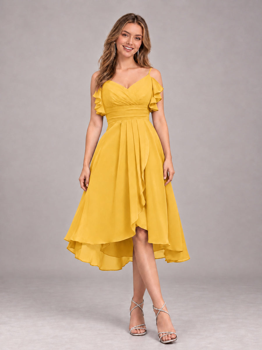 Mustard Yellow Beautiful Ruffles High Low Knee Length Chiffon Bridesmaid Dress
