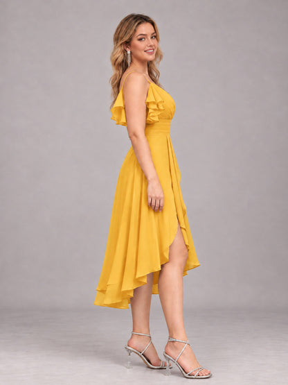 Mustard Yellow Beautiful Ruffles High Low Knee Length Chiffon Bridesmaid Dress