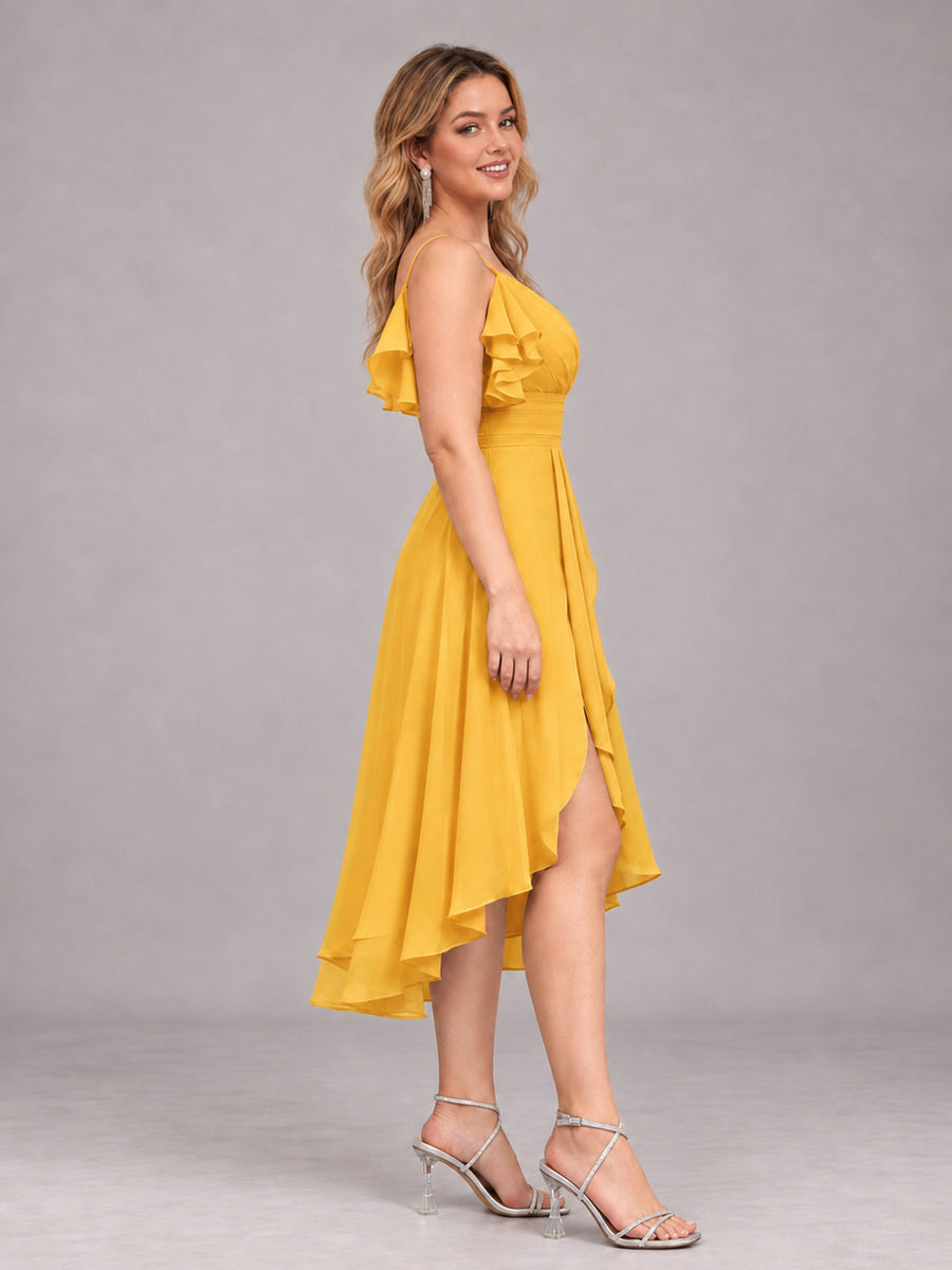 Mustard Yellow Beautiful Ruffles High Low Knee Length Chiffon Bridesmaid Dress