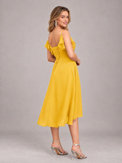 Mustard Yellow Beautiful Ruffles High Low Knee Length Chiffon Bridesmaid Dress