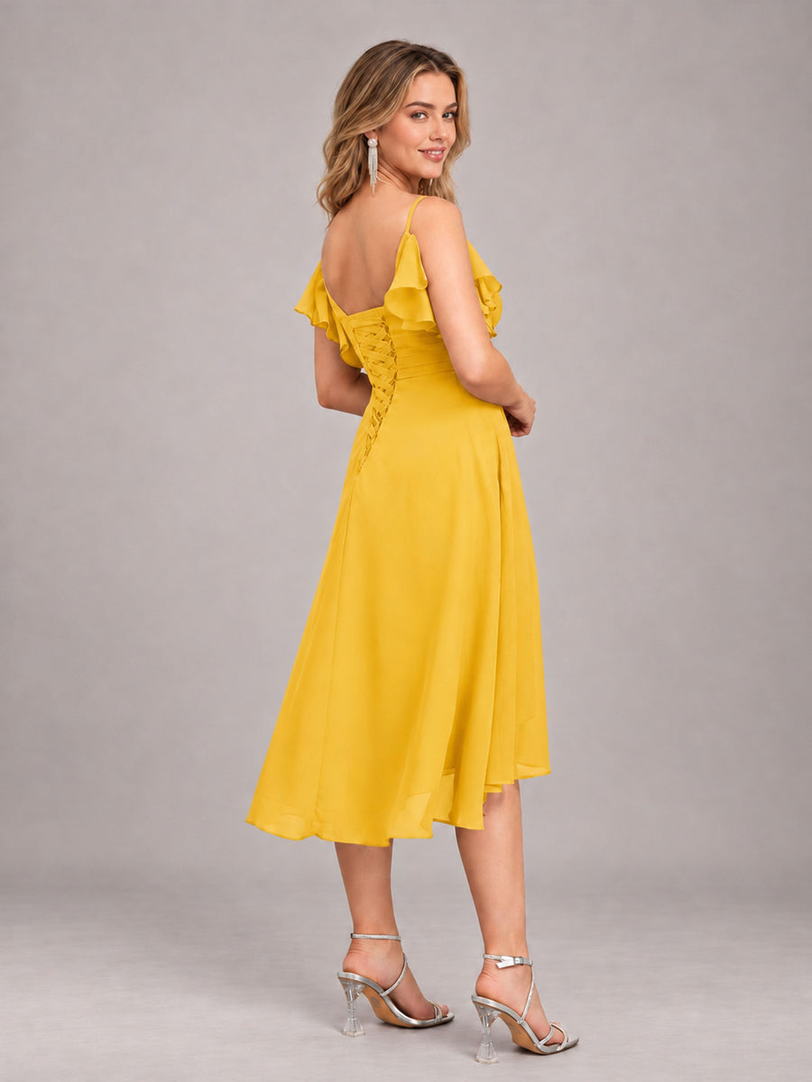 Mustard Yellow Beautiful Ruffles High Low Knee Length Chiffon Bridesmaid Dress