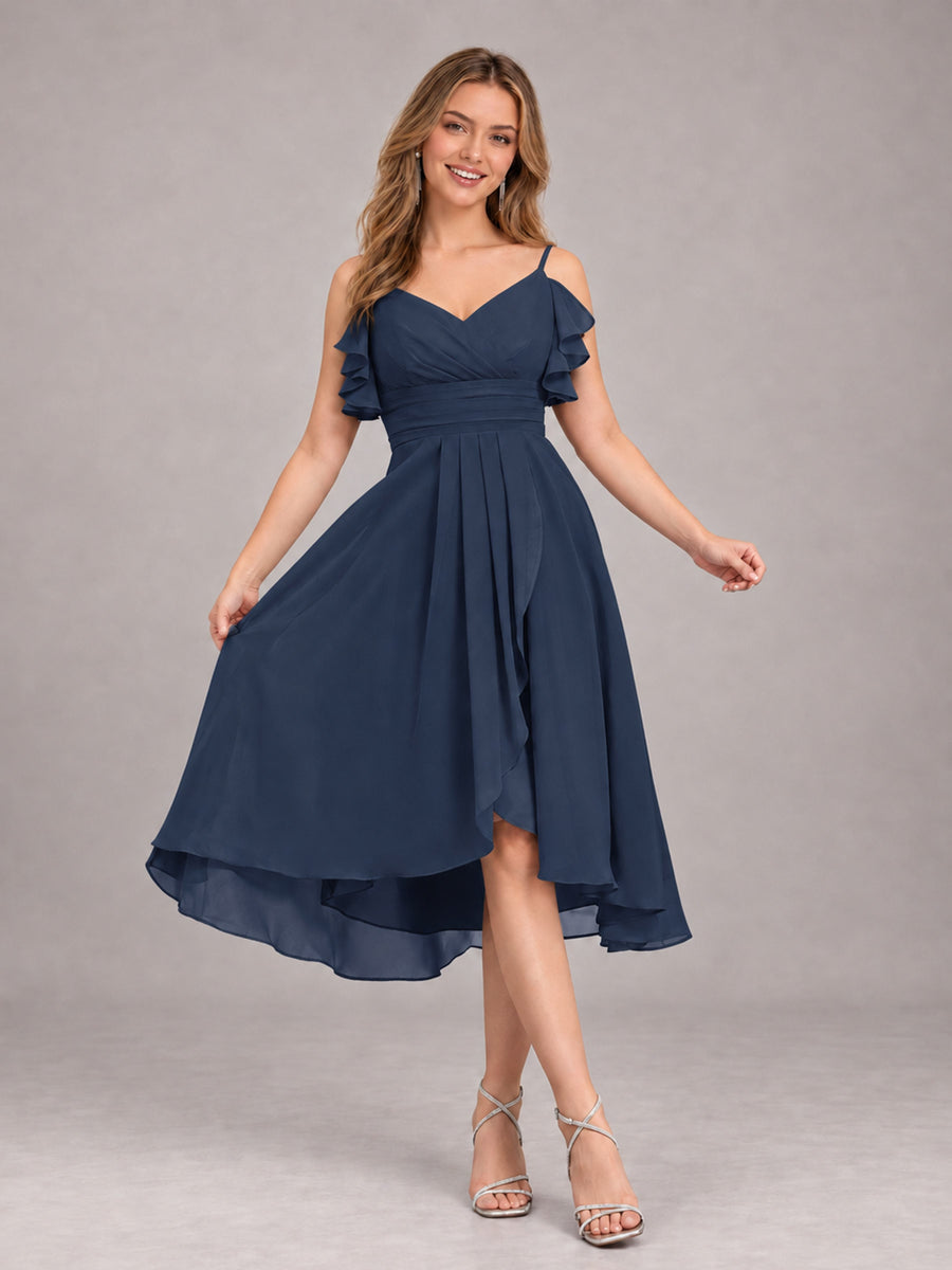 Navy Blue Beautiful Ruffles High Low Knee Length Chiffon Bridesmaid Dress