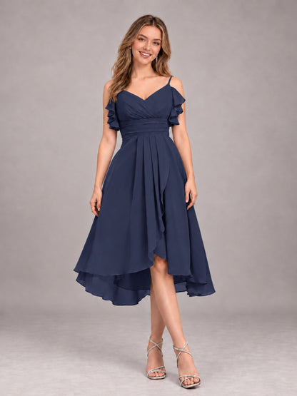 Navy Blue Beautiful Ruffles High Low Knee Length Chiffon Bridesmaid Dress