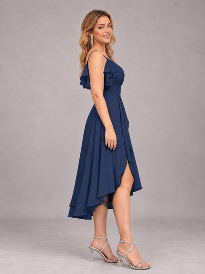 Navy Blue Beautiful Ruffles High Low Knee Length Chiffon Bridesmaid Dress