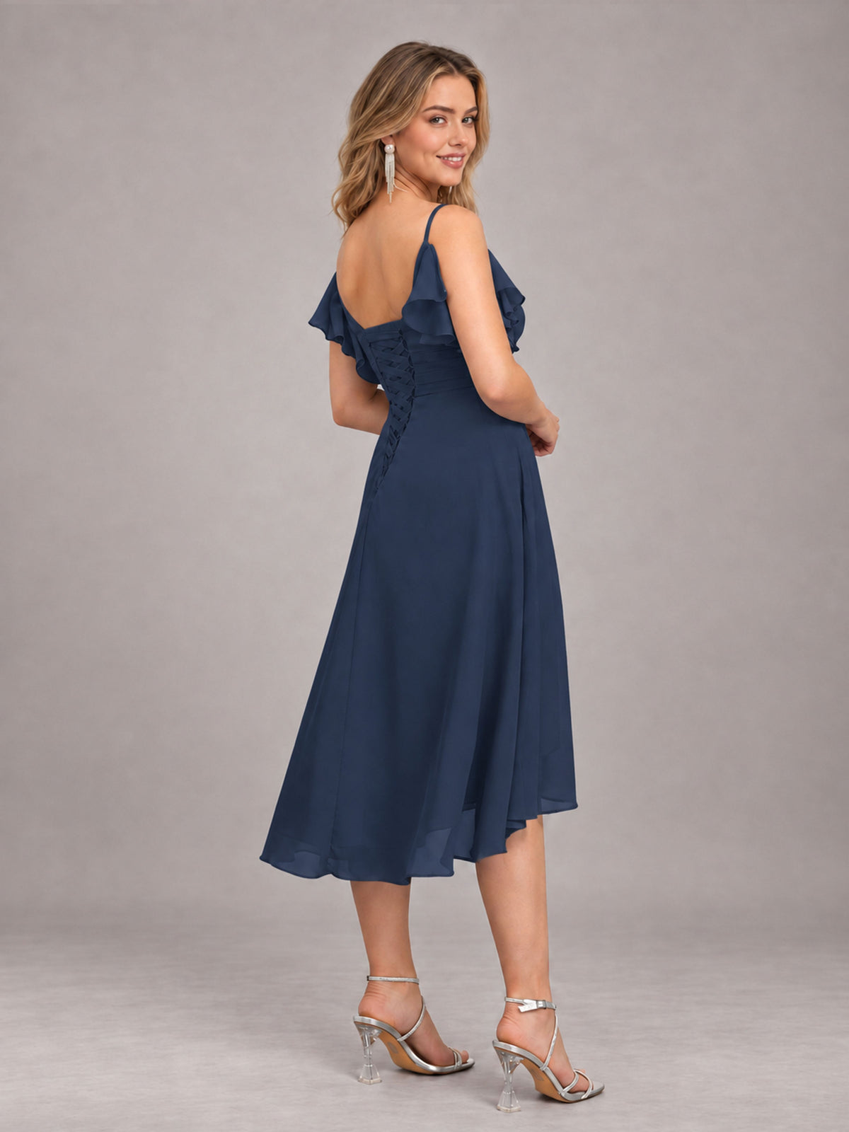 Navy Blue Beautiful Ruffles High Low Knee Length Chiffon Bridesmaid Dress