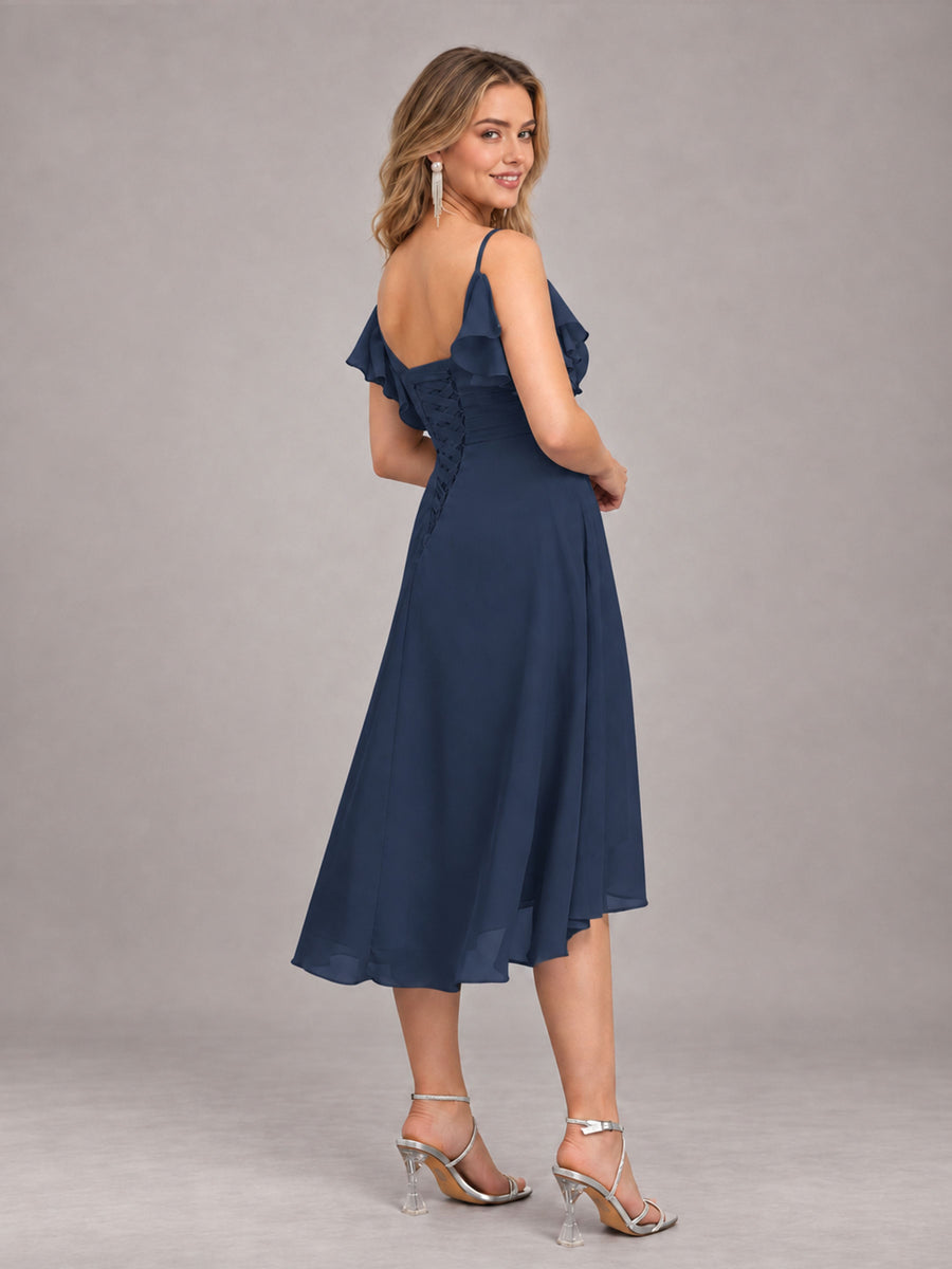Navy Blue Beautiful Ruffles High Low Knee Length Chiffon Bridesmaid Dress
