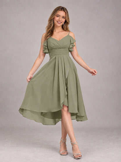 Olive Green Beautiful Ruffles High Low Knee Length Chiffon Bridesmaid Dress