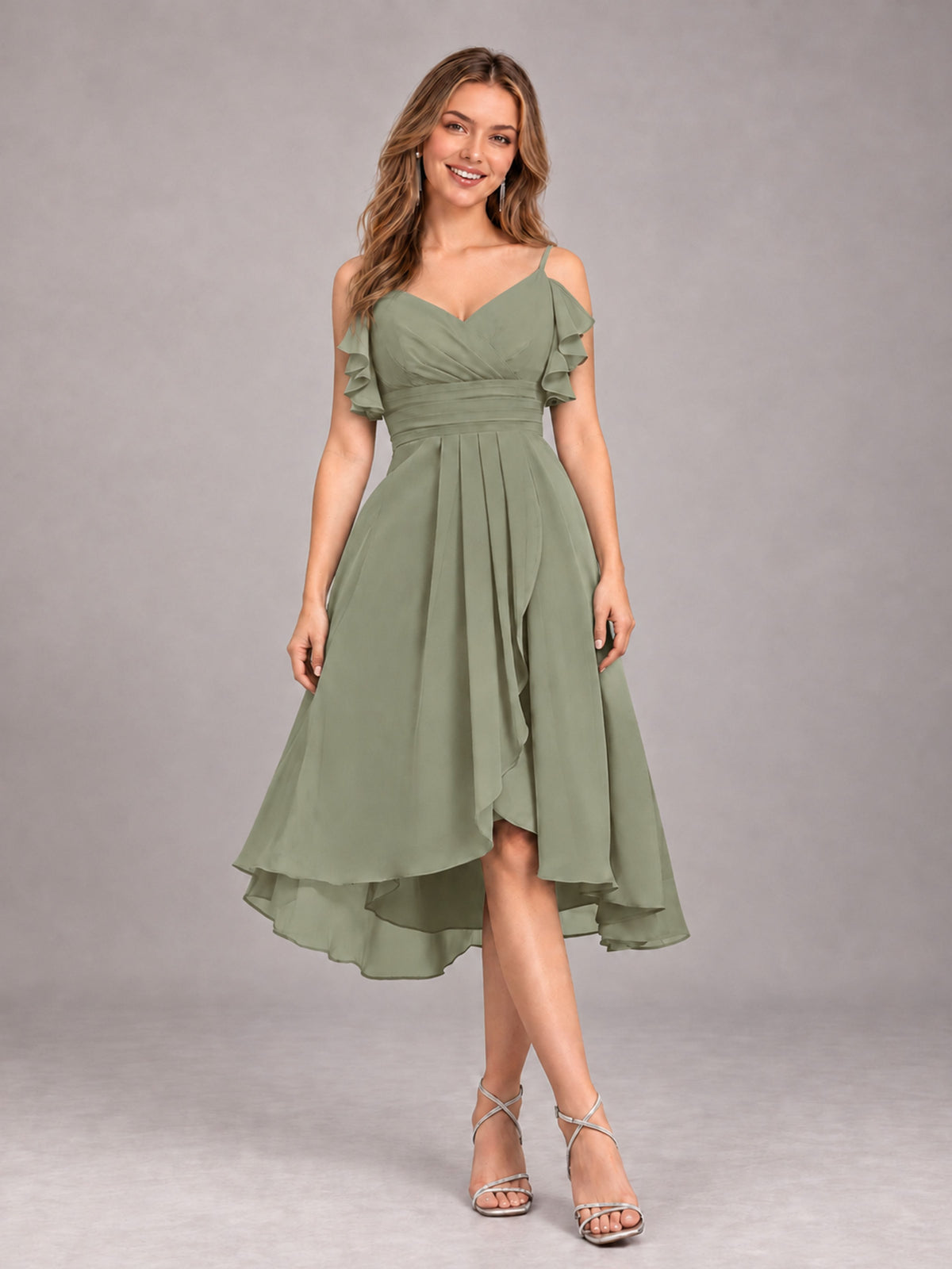 Olive Green Beautiful Ruffles High Low Knee Length Chiffon Bridesmaid Dress