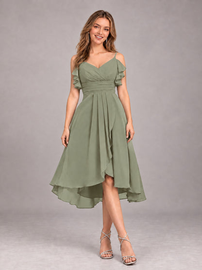 Olive Green Beautiful Ruffles High Low Knee Length Chiffon Bridesmaid Dress