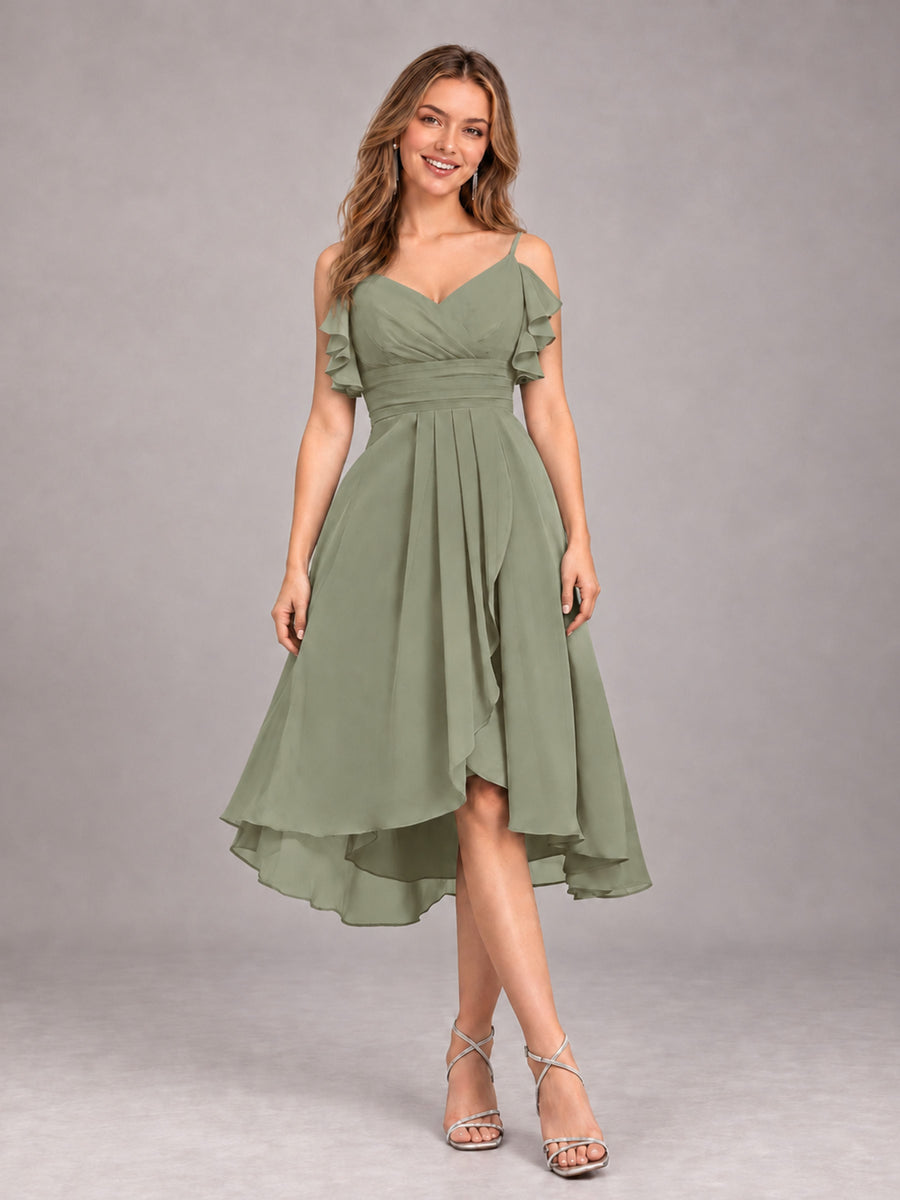 Olive Green Beautiful Ruffles High Low Knee Length Chiffon Bridesmaid Dress