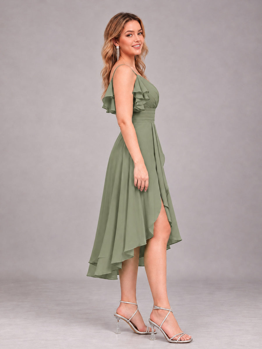 Olive Green Beautiful Ruffles High Low Knee Length Chiffon Bridesmaid Dress