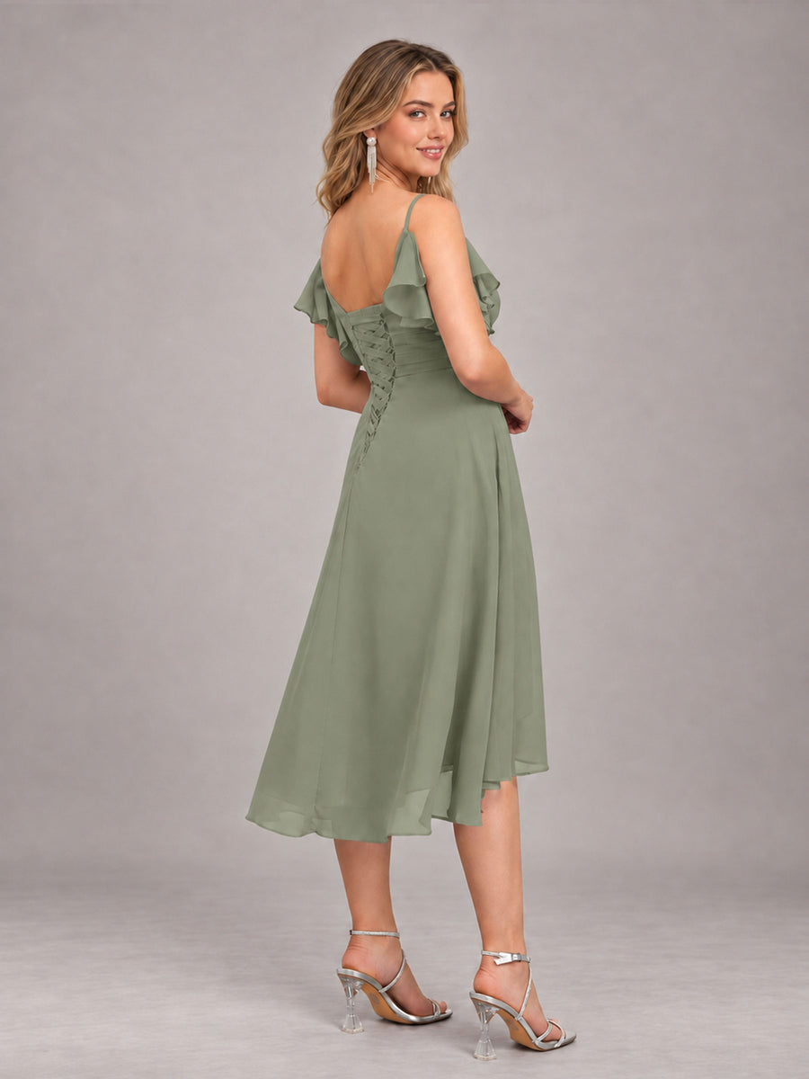 Olive Green Beautiful Ruffles High Low Knee Length Chiffon Bridesmaid Dress
