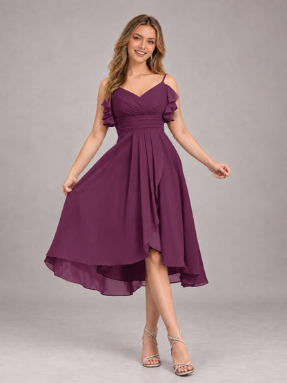 Plum Beautiful Ruffles High Low Knee Length Chiffon Bridesmaid Dress