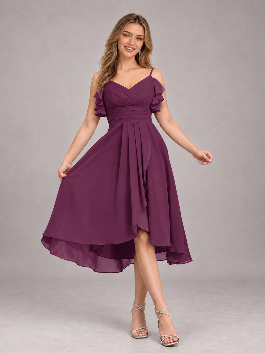 Plum Beautiful Ruffles High Low Knee Length Chiffon Bridesmaid Dress