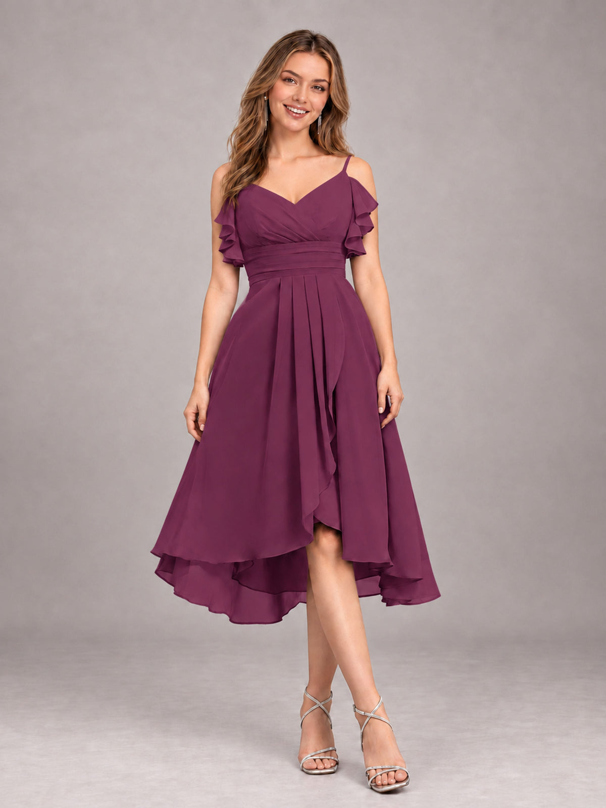 Plum Beautiful Ruffles High Low Knee Length Chiffon Bridesmaid Dress