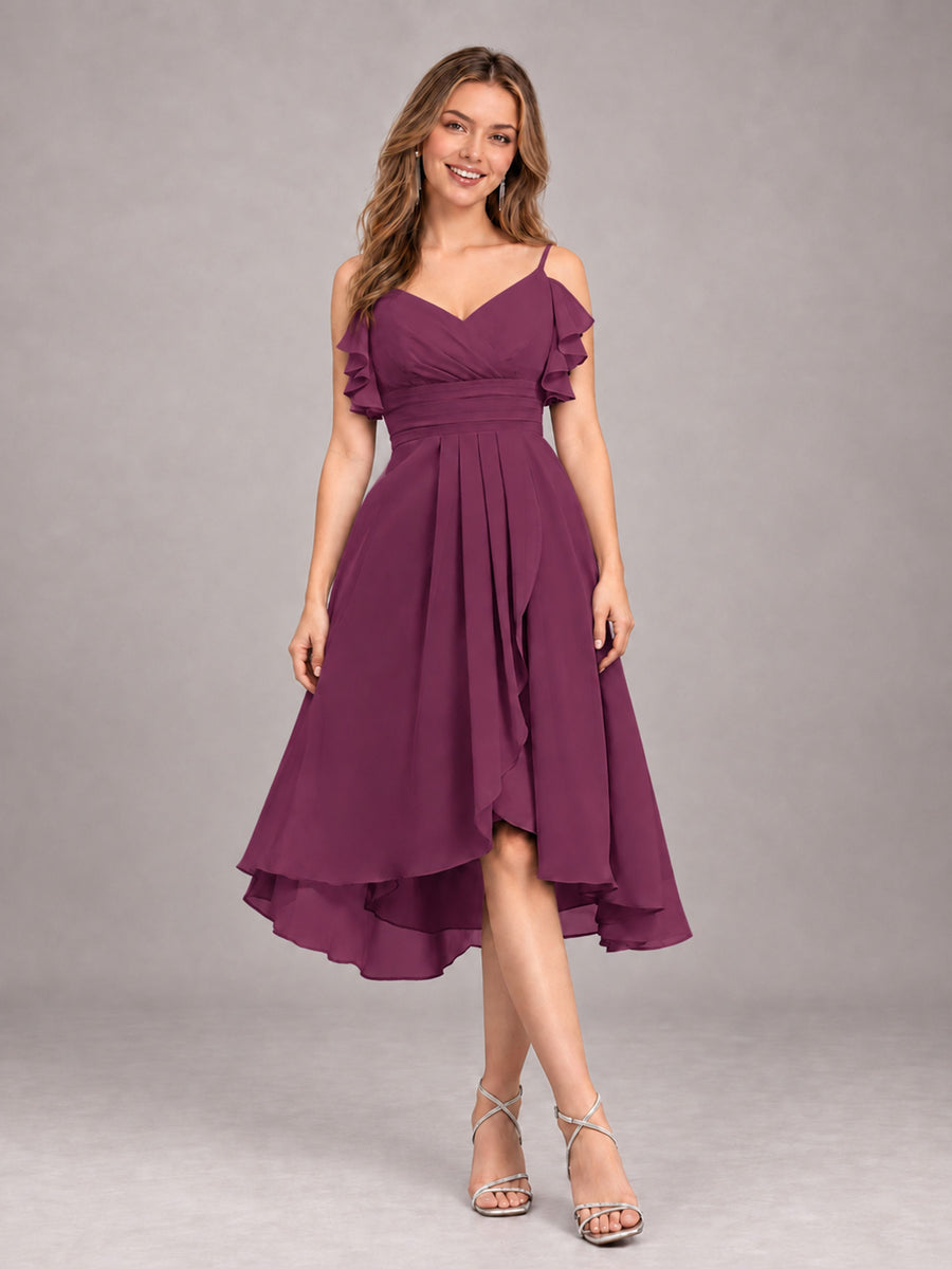Plum Beautiful Ruffles High Low Knee Length Chiffon Bridesmaid Dress