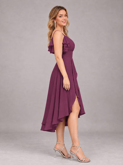 Plum Beautiful Ruffles High Low Knee Length Chiffon Bridesmaid Dress