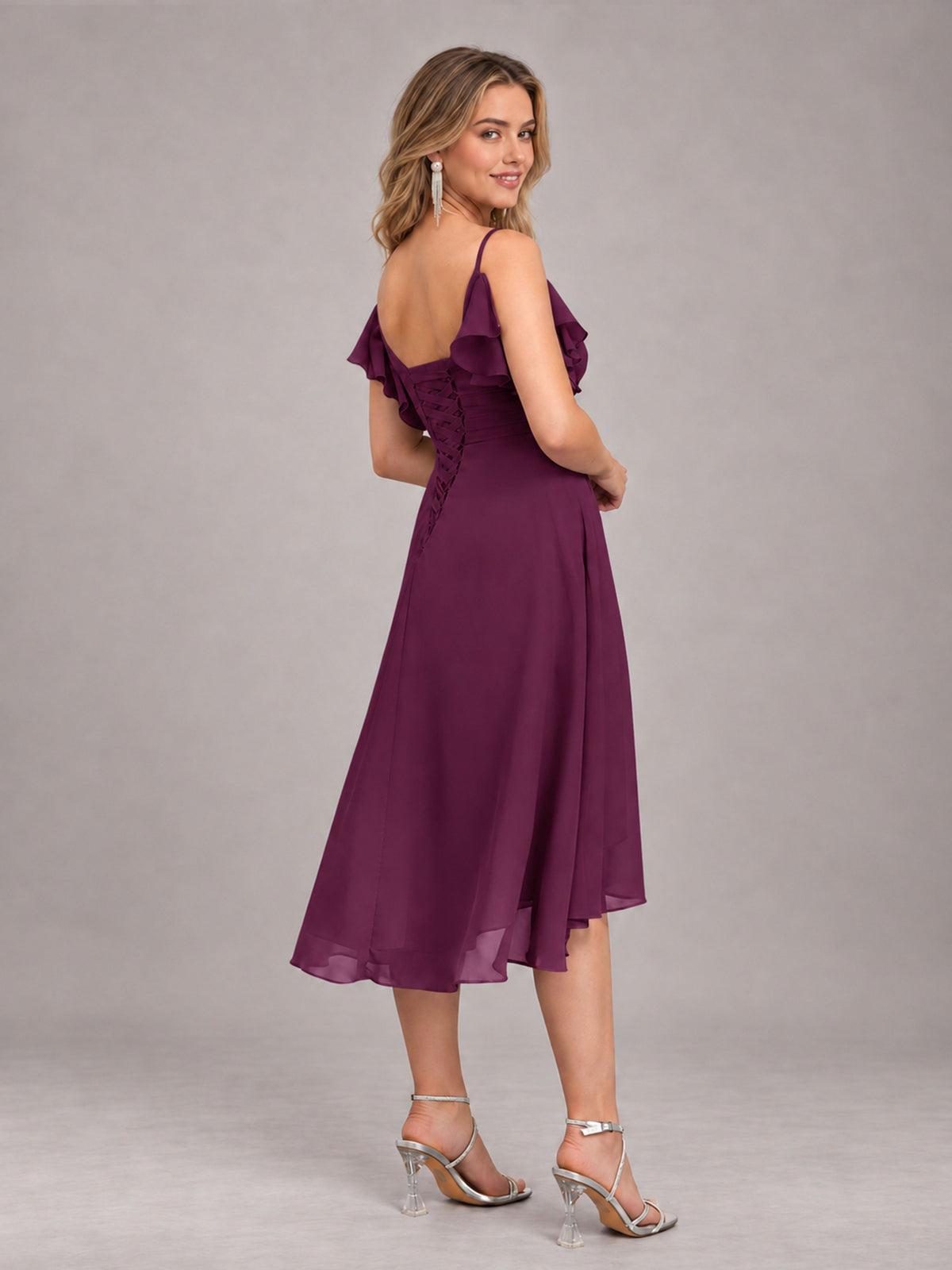 Plum Beautiful Ruffles High Low Knee Length Chiffon Bridesmaid Dress