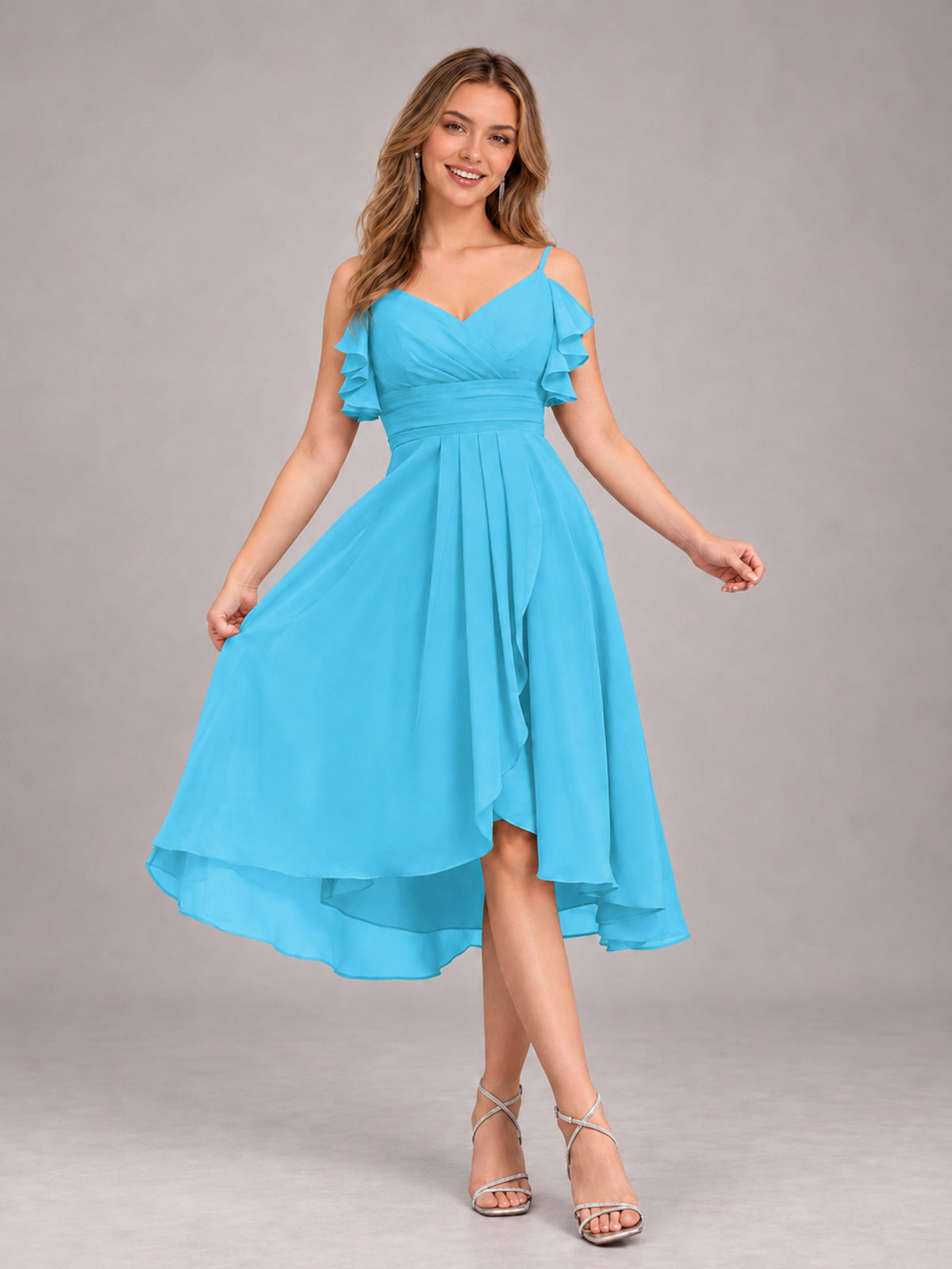 Pool Beautiful Ruffles High Low Knee Length Chiffon Bridesmaid Dress