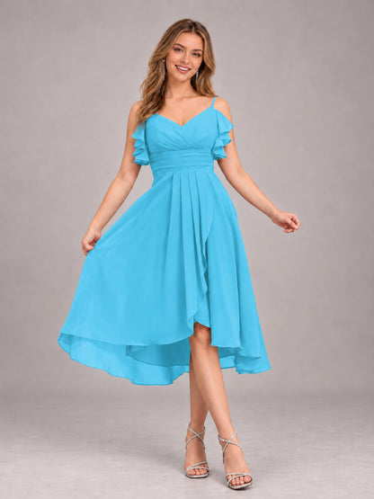 Pool Beautiful Ruffles High Low Knee Length Chiffon Bridesmaid Dress