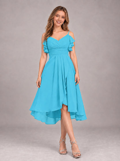 Pool Beautiful Ruffles High Low Knee Length Chiffon Bridesmaid Dress