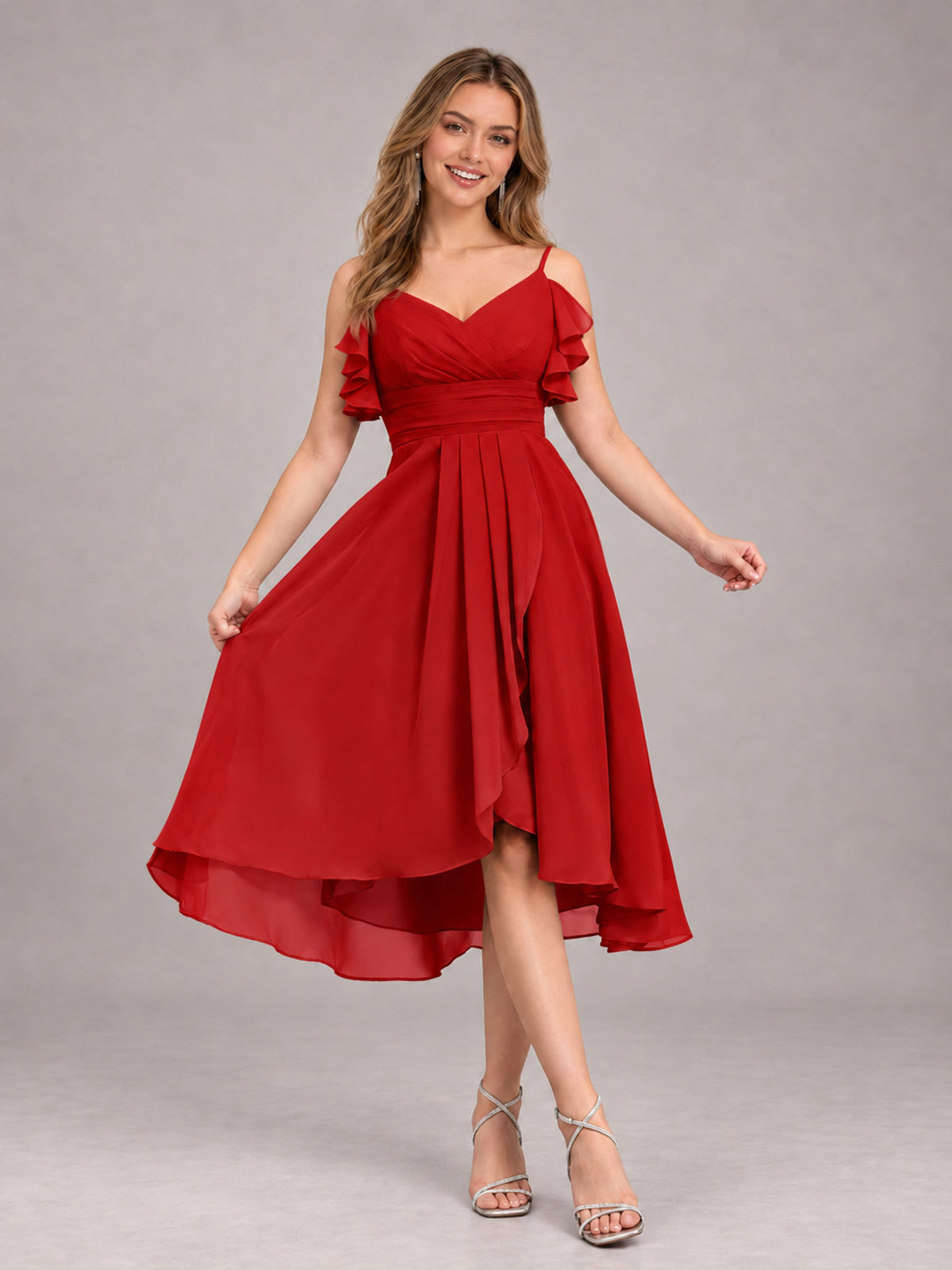 Red Beautiful Ruffles High Low Knee Length Chiffon Bridesmaid Dress