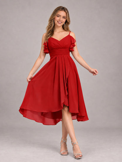 Red Beautiful Ruffles High Low Knee Length Chiffon Bridesmaid Dress