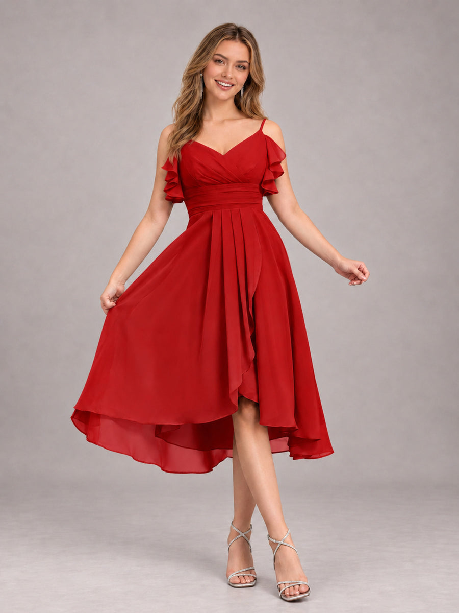 Red Beautiful Ruffles High Low Knee Length Chiffon Bridesmaid Dress
