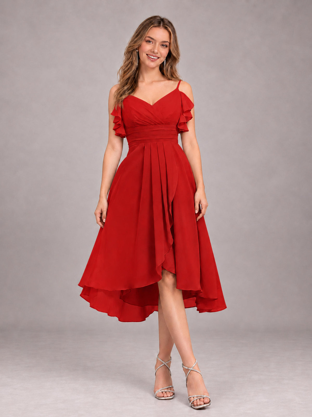 Red Beautiful Ruffles High Low Knee Length Chiffon Bridesmaid Dress