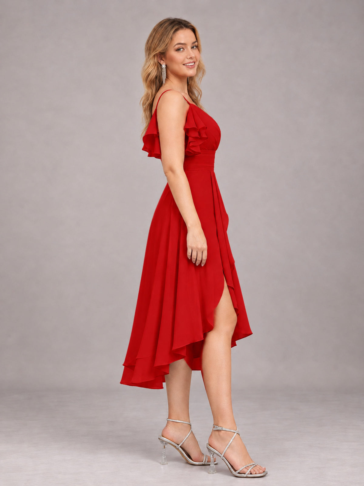 Red Beautiful Ruffles High Low Knee Length Chiffon Bridesmaid Dress