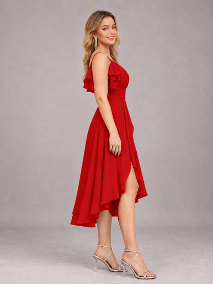 Red Beautiful Ruffles High Low Knee Length Chiffon Bridesmaid Dress