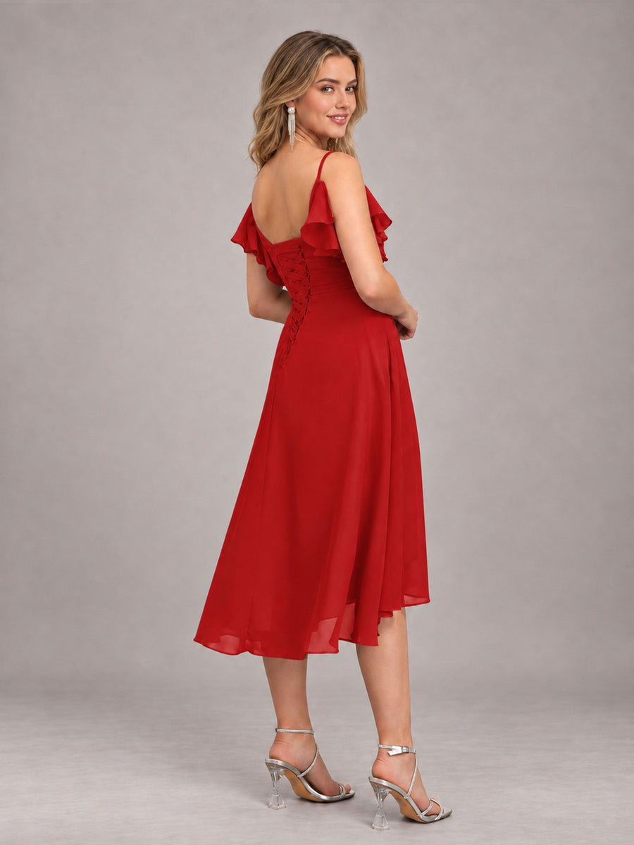 Red Beautiful Ruffles High Low Knee Length Chiffon Bridesmaid Dress