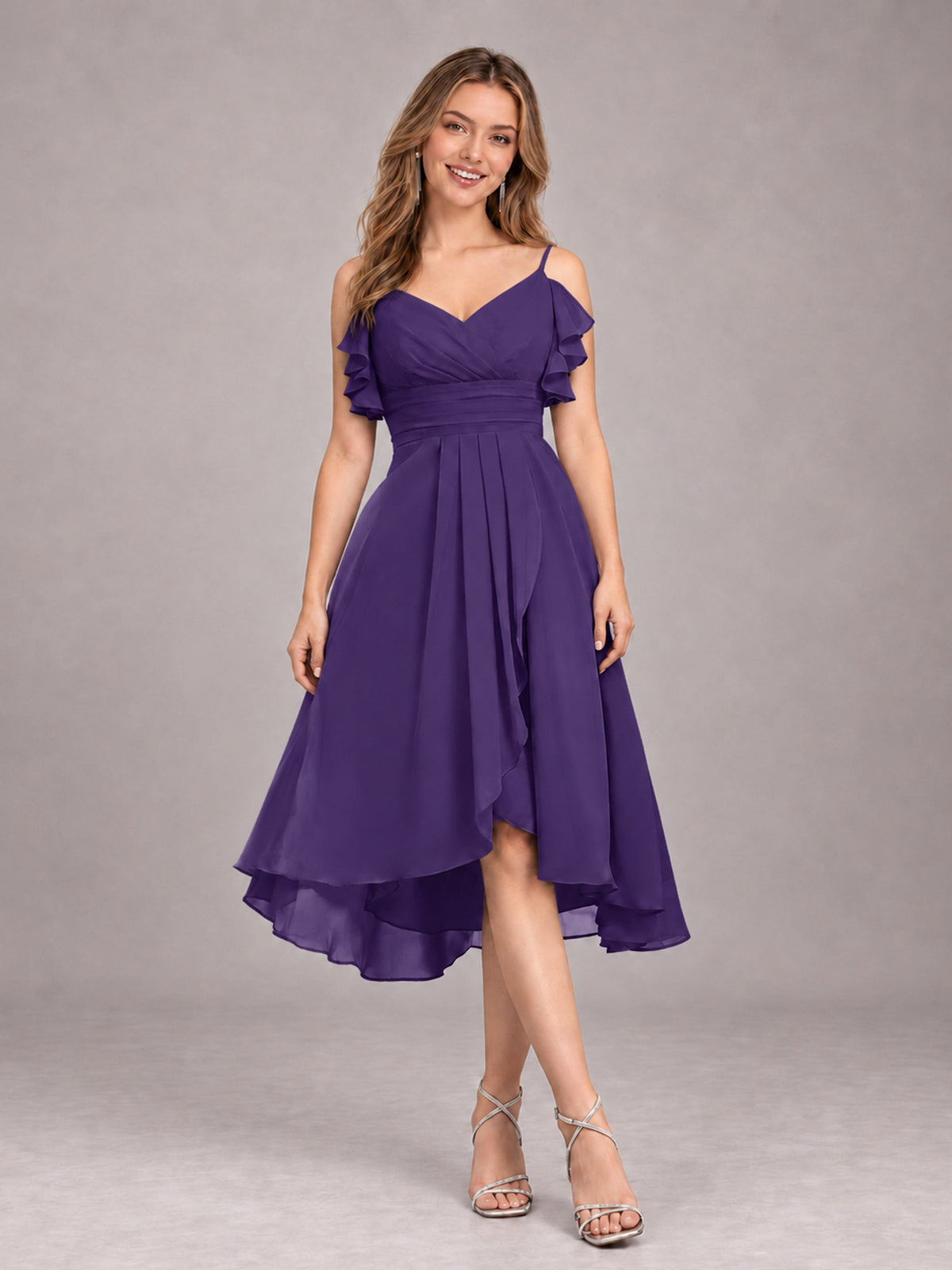 Regency Beautiful Ruffles High Low Knee Length Chiffon Bridesmaid Dress