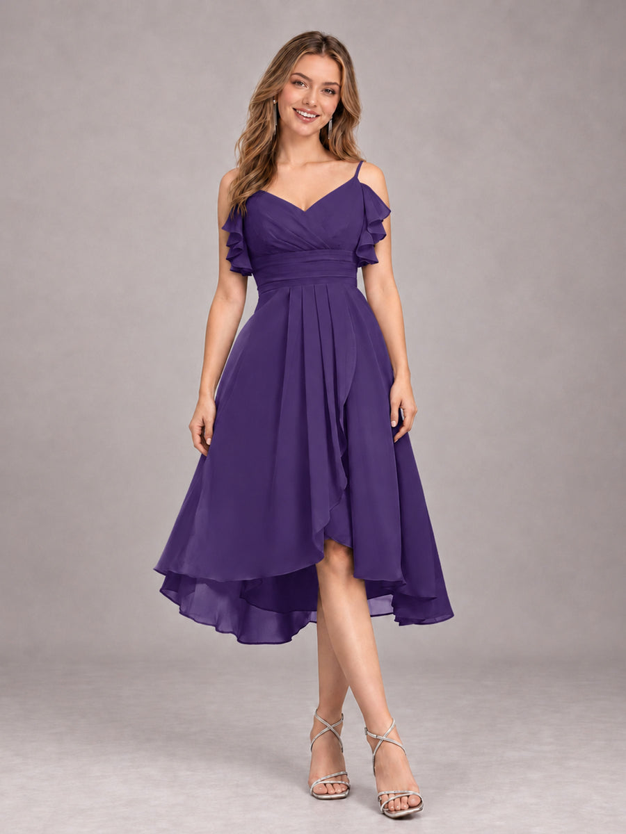 Regency Beautiful Ruffles High Low Knee Length Chiffon Bridesmaid Dress