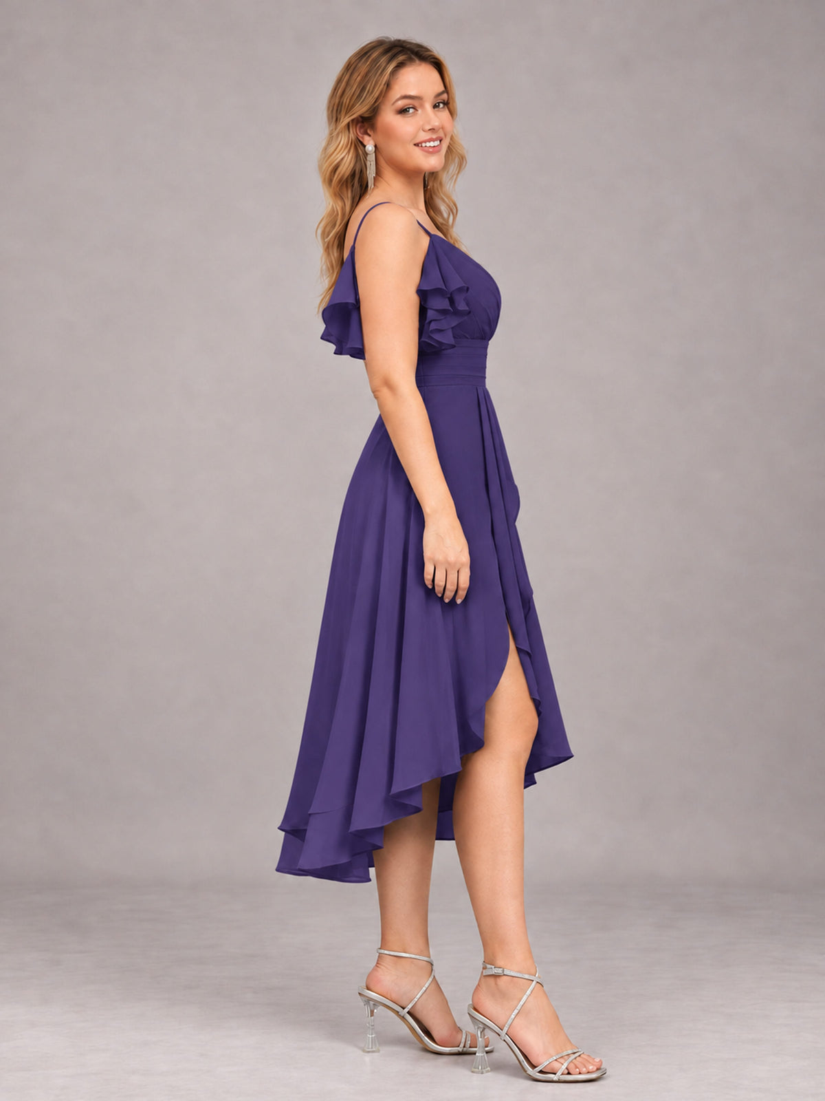 Regency Beautiful Ruffles High Low Knee Length Chiffon Bridesmaid Dress