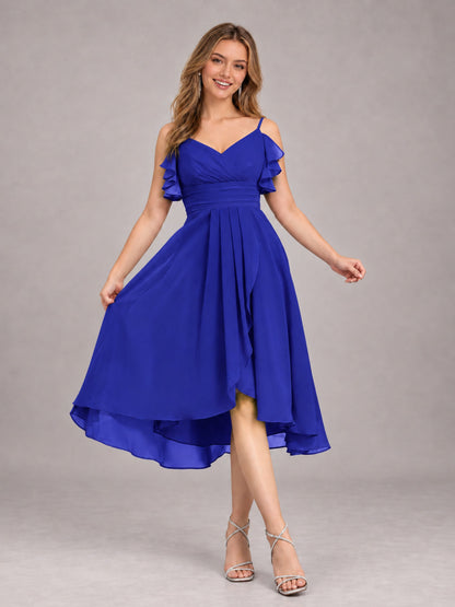 Royal Blue Beautiful Ruffles High Low Knee Length Chiffon Bridesmaid Dress