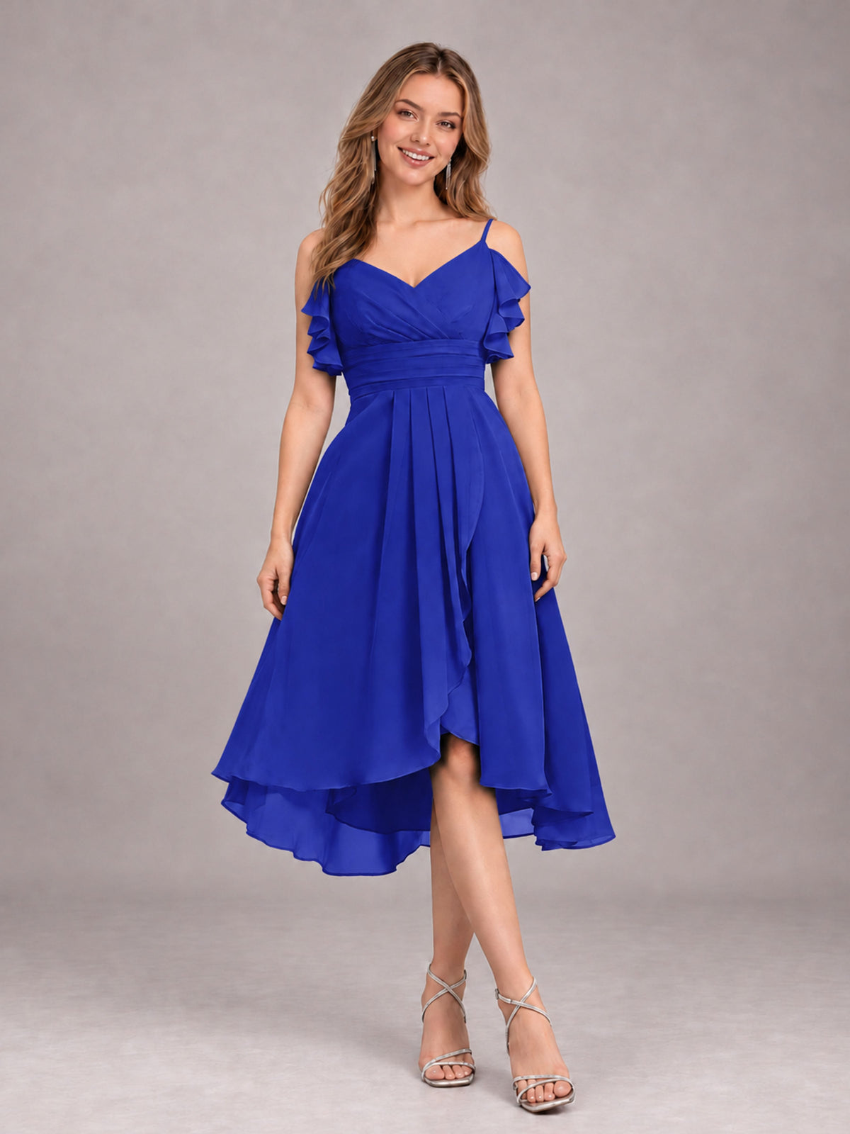 Royal Blue Beautiful Ruffles High Low Knee Length Chiffon Bridesmaid Dress