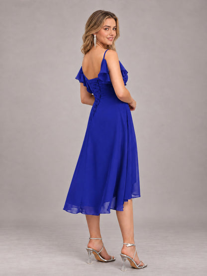 Royal Blue Beautiful Ruffles High Low Knee Length Chiffon Bridesmaid Dress