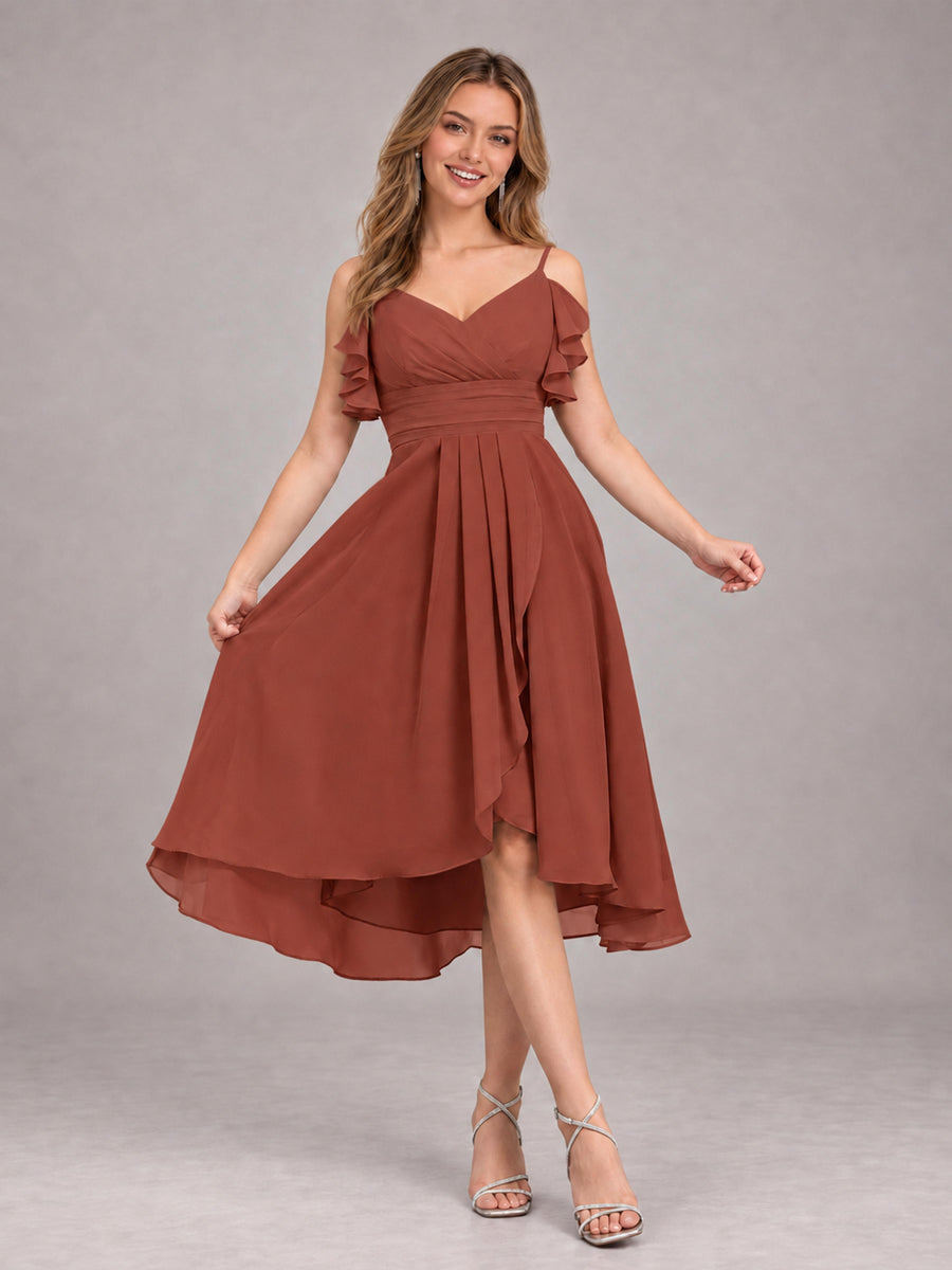 Rust Beautiful Ruffles High Low Knee Length Chiffon Bridesmaid Dress
