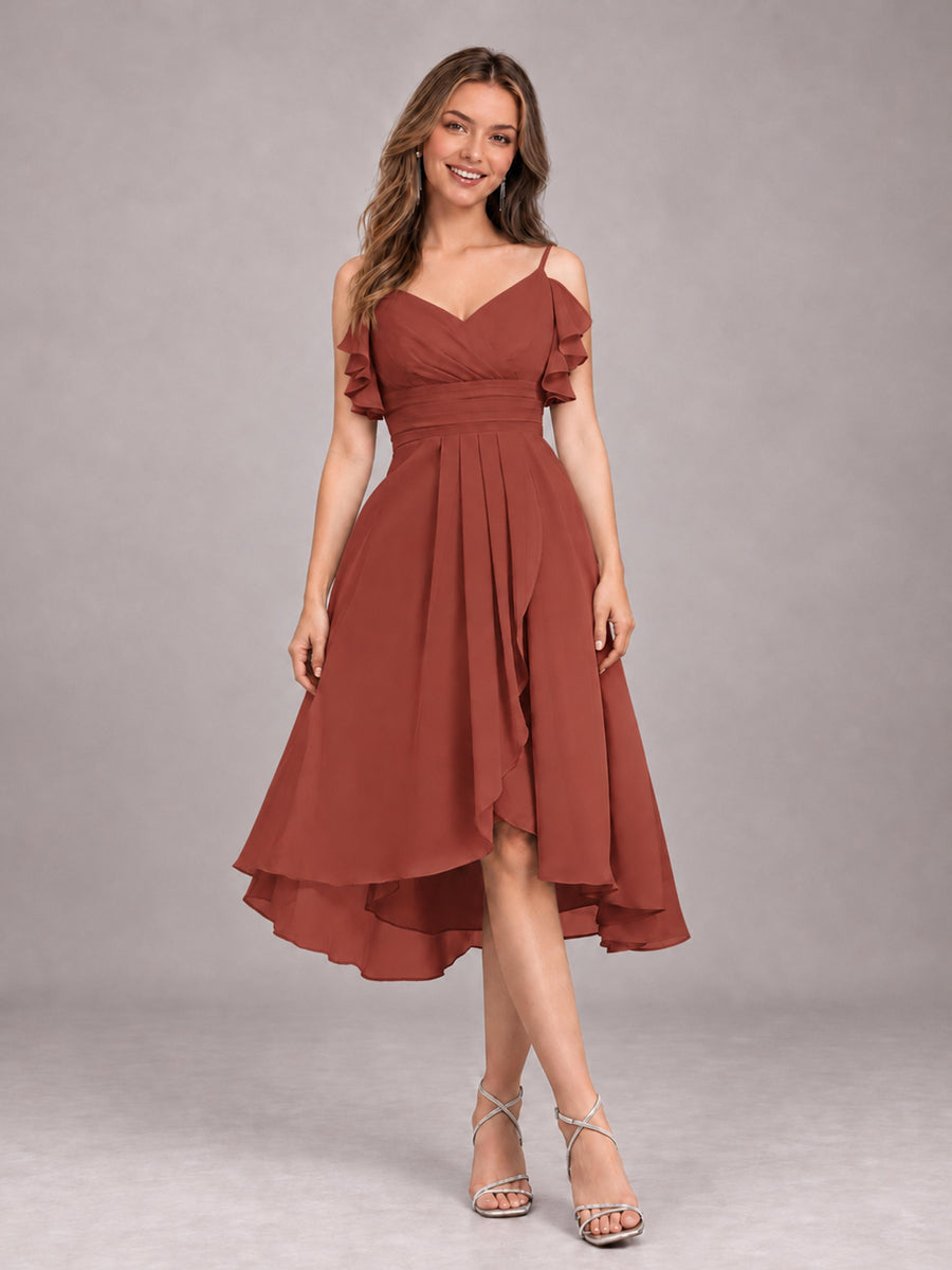 Rust Beautiful Ruffles High Low Knee Length Chiffon Bridesmaid Dress