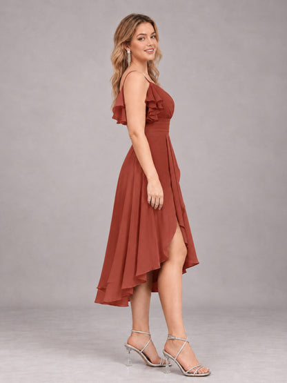Rust Beautiful Ruffles High Low Knee Length Chiffon Bridesmaid Dress