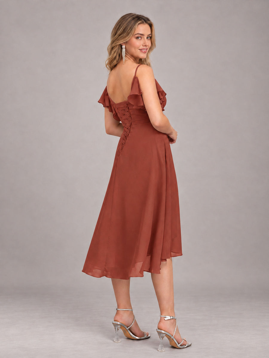 Rust Beautiful Ruffles High Low Knee Length Chiffon Bridesmaid Dress