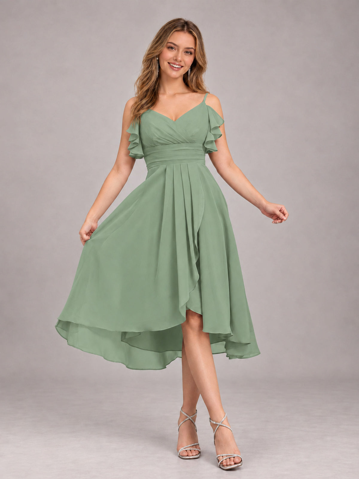 Sage Green Beautiful Ruffles High Low Knee Length Chiffon Bridesmaid Dress