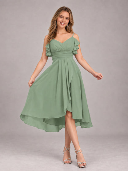 Sage Green Beautiful Ruffles High Low Knee Length Chiffon Bridesmaid Dress
