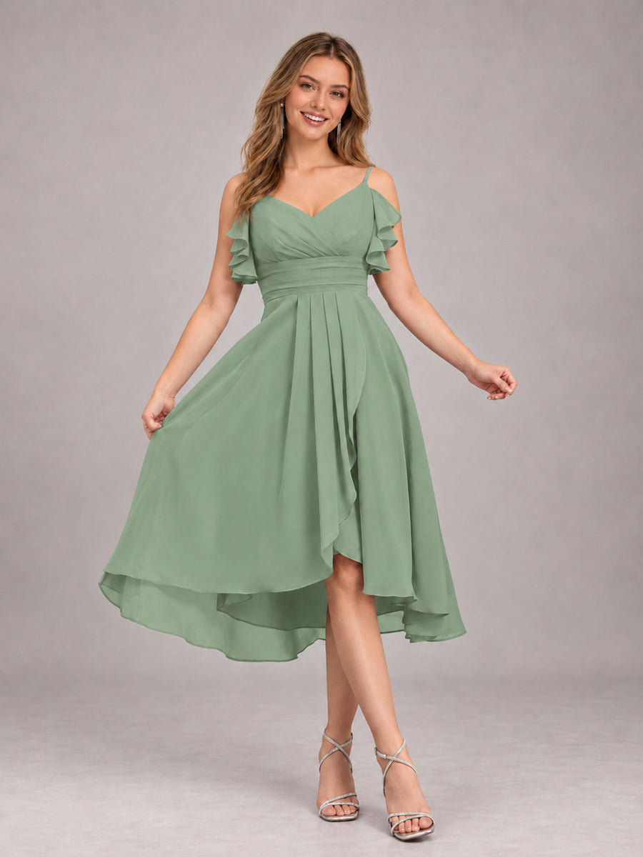 Sage Green Beautiful Ruffles High Low Knee Length Chiffon Bridesmaid Dress