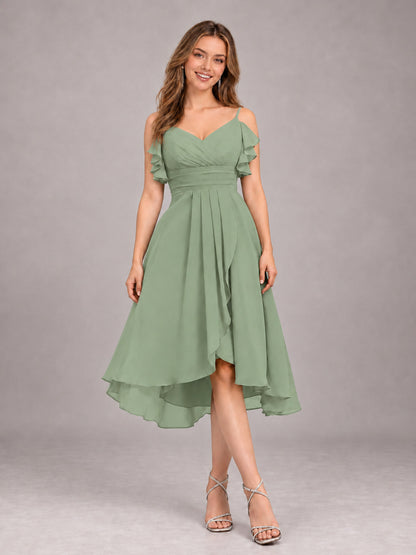Sage Green Beautiful Ruffles High Low Knee Length Chiffon Bridesmaid Dress