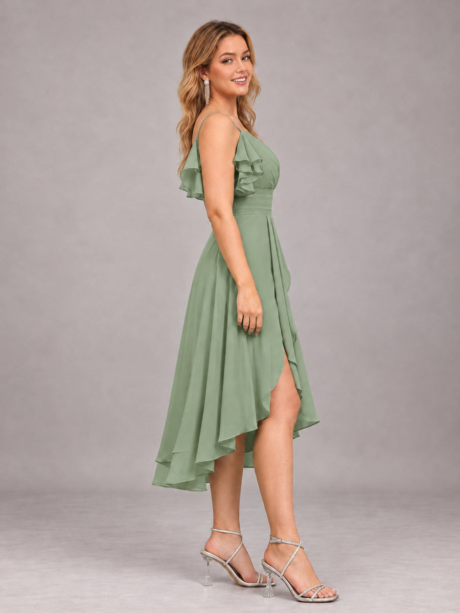 Sage Green Beautiful Ruffles High Low Knee Length Chiffon Bridesmaid Dress